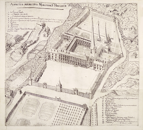 L’abbaye de Moyenmoutier dessinée en 1720 par Léopold Durand.  
Arch. dép. Vosges, IN 8 1146